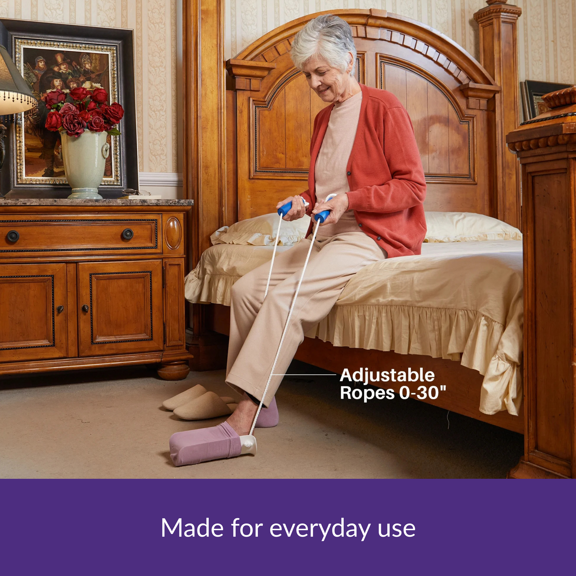 Senior using AvoEase compression sock aid at home showing daily independence with prescribed compression therapy